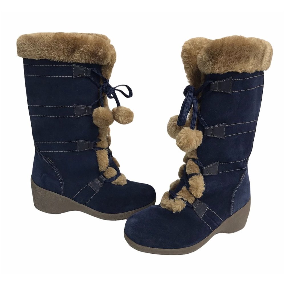 Sporto Waterproof Suede Fur Trim Tall Boots 6.5 Pom Pom Lace Up - Picture 5 of 12
